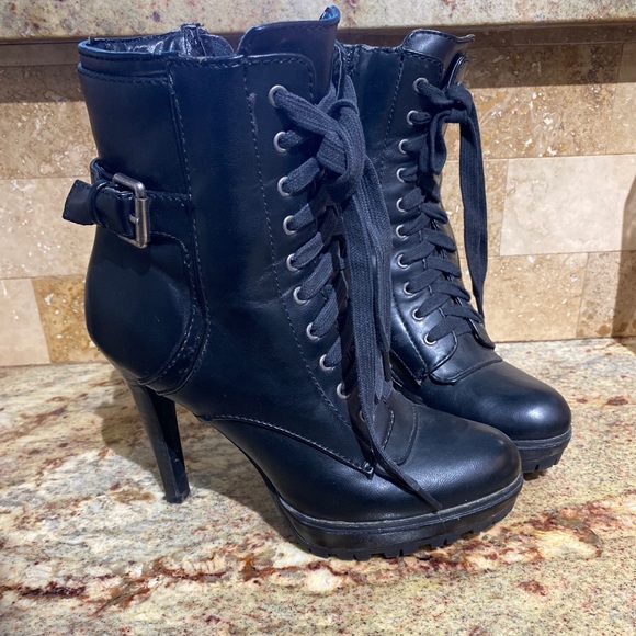 Nine West Shoes - Nine West Womens Black  Leather Platform Boots 5" Heel Round Toe Size 6
